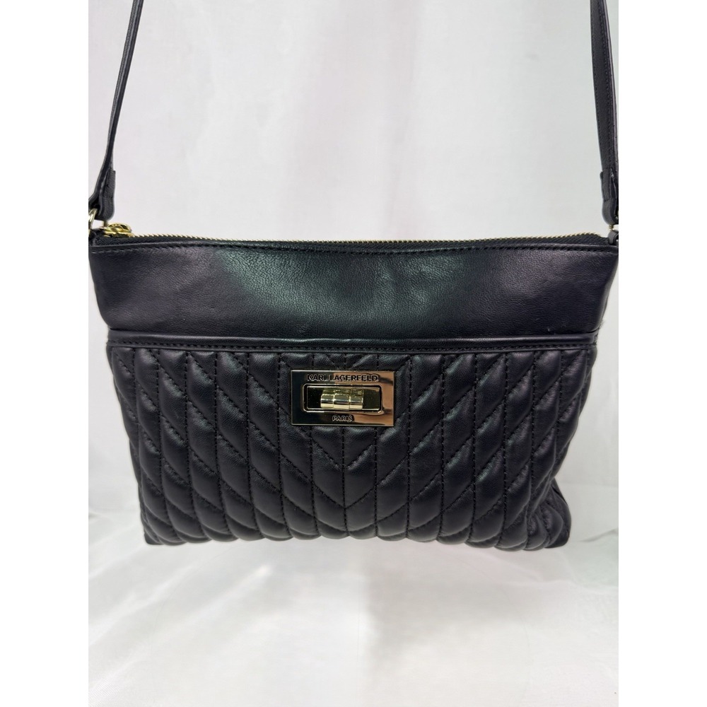 Karl Lagerfeld Paris Quilted Chevron Crossbody Bag Black Gold Tone Zip Top